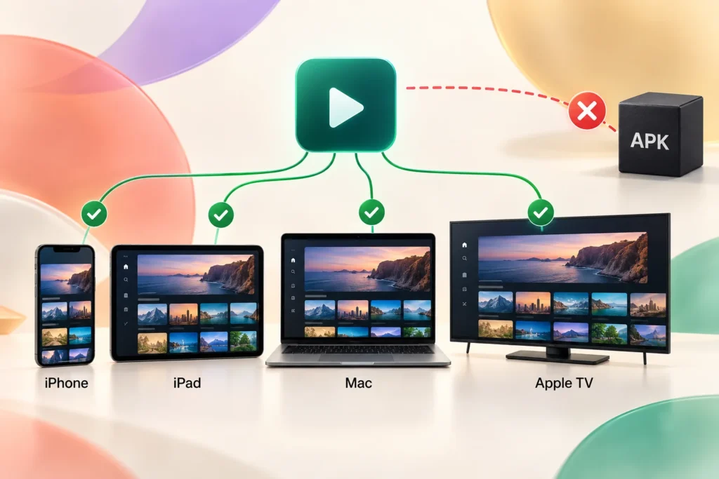 Compatibility diagram showing native IPTV players connecting to iPhone, iPad, Mac and Apple TV while the APK remains blocked