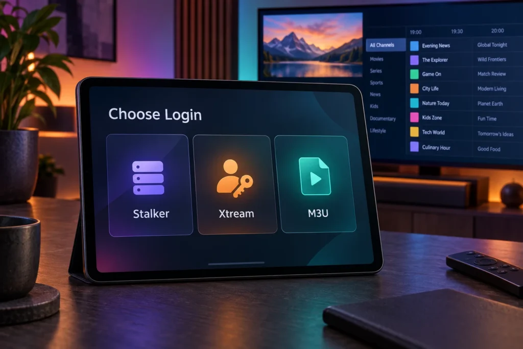 IPTV player login screen offering Stalker, Xtream and M3U connection methods
