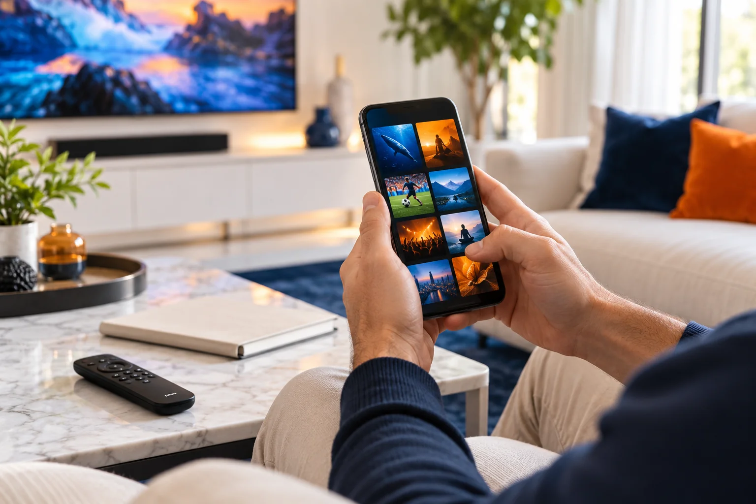 Choose Your Channels Person browsing viewing categories on a phone beside a television and remote.
