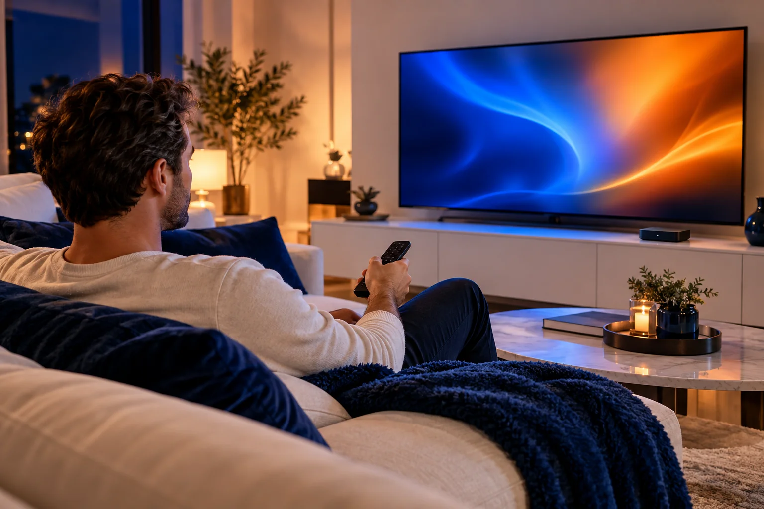 Choose Your Device Person using a remote to watch a television with a streaming device in a modern living room.