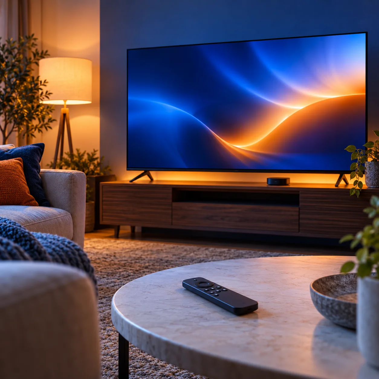 STBemu Pro TV Setup FAQ Image TV displaying a blue and orange abstract screen in a living room, with a remote on the table.